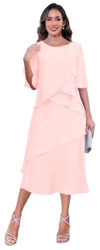 Fall Mother of The Groom Dresses for Outdoor Wedding Tea Length Chiffon Ruffle 1/2 Sleeve Applique Blush Pink Formal Dress for Women US26