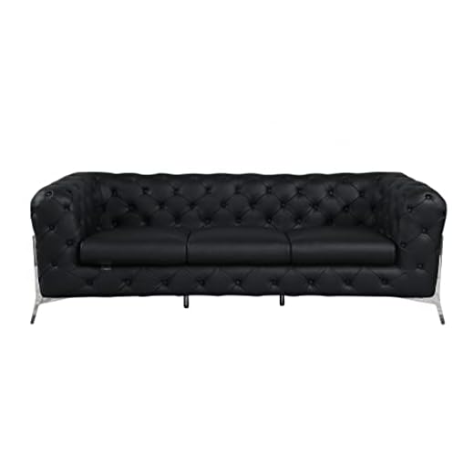 HomeRoots 93" Black Genuine Tufted Leather and Chrome Standard Sofa