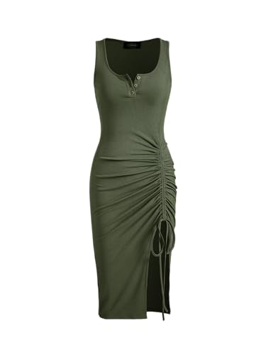 CIDER Rib Button Drawstring Midi Dress: Olive Green, XS