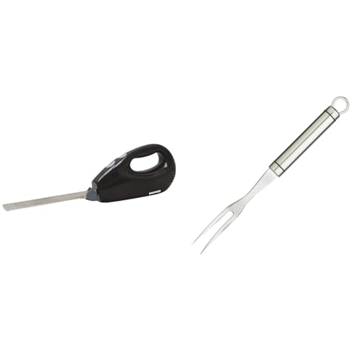 Daewoo Electric Carving Knife, Cuts Effortlessly Through Meats And Frozen Foods With Durable Twin Blades, Black & KitchenCraft KCPROMF Professional Meat Serving Fork, Stainless Steel, 25 cm, Silver