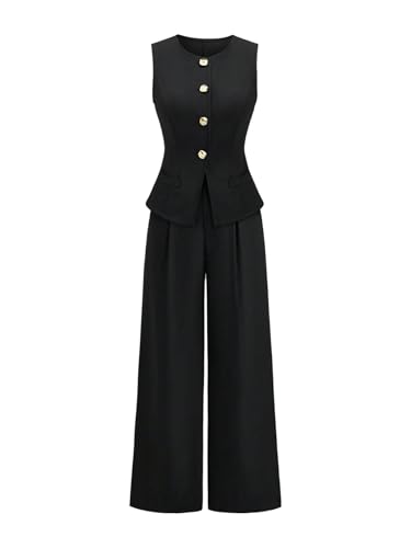 Floerns Women's 2 Piece Outfit Metal Button Up Suit Vest & Pleated Wide Leg Pants Set Black Large