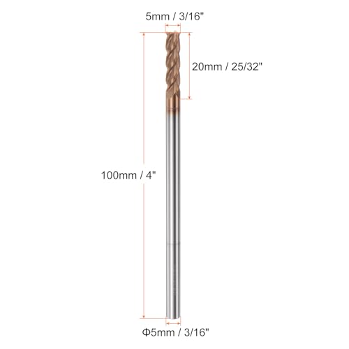 Image of HARFINGTON Micro Grain Carbide Square End Mill 3 /16 inch x 25 /32 inch (5mm x 20mm) Cut 3 /16 inch (5mm) Shank 4 inch (100mm) Length AlTiN Coated 4 Flutes Square Nose Cutter for Alloy Steel Hardened Steel