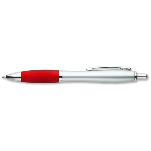 stika.co Red Personalised Promotional Pen, Ballpoint Black Ink, Silver Body with Rubber Grip Personalised Pens, Office, School, Event with your Text/Logo