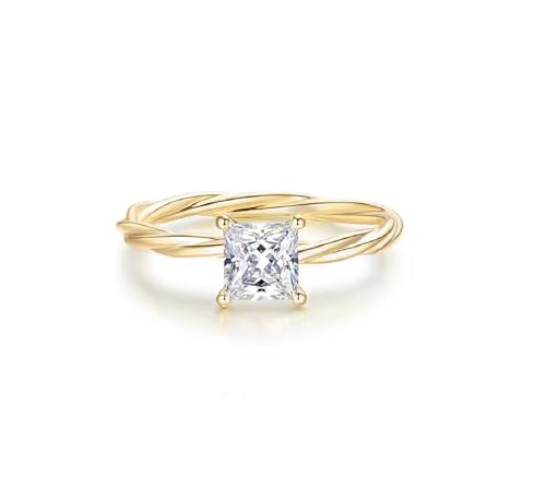 925 Sterling Silver Solitaire Wedding Engagement Rings 1 Carat Princess Cut White Diamonds Twisted Band Ring for Women in Yellow Gold Finish