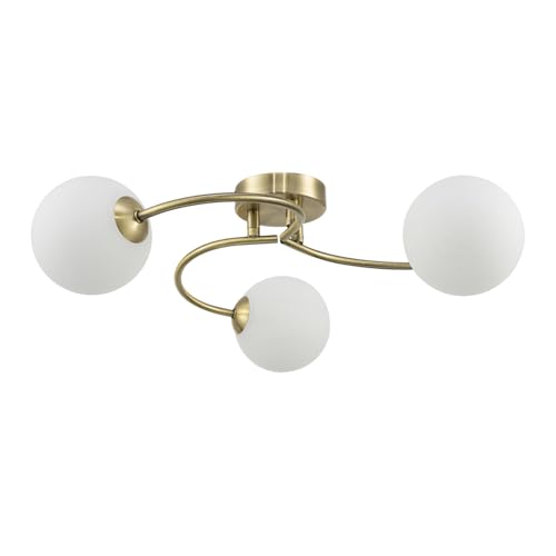Happy Homewares Modern 3-Arm Antique Brass Ceiling Light with Opal Swirl Glass Spherical Shades | 17cm x 47cm | 3 x 5w G9 | for Bedroom Dining Room Lounge etc