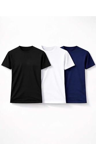 Image of Men's Round Neck T-Shirt Combo Pack (Pack of 3) | 100% Cotton 200 GSM | Bio-Washed | Soft & Breathable | Regular Fit Plain T-Shirts for Men