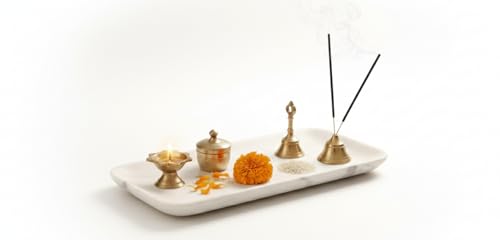 TEJASWI Craft White Marble Pooja Tray Small Size | Handcrafted Marble Puja Thali for Diya, Incense & Temple Use | Home Mandir Decor Tray (15 cm) White