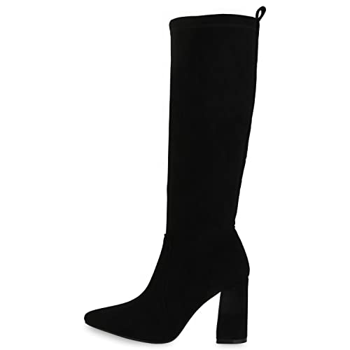 VAN HILL Damen Klassische Stiefel Basic Schuhe Spitze Blockabsatz Freizeitstiefel Veloursleder-Optik Absatzschuhe 210062 Schwarz Velours 37