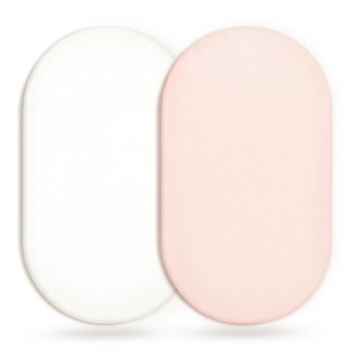 Image of GRSSDER Stretchy Ultra Soft Fitted Bassinet Sheet 2 Pack, Universal Fit for Bassinets Baby Cradle Moses Basket Oval Rectangle Mattress Safe and Snug, Jersey Bassinet Sheets for Girls, White/Pink