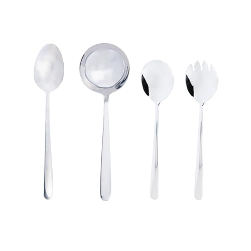 Conjunto de 4 talheres para servir Wolff linha Viena em aço inox, incluindo colheres e pegador, dispostos lado a lado sobre fundo branco.