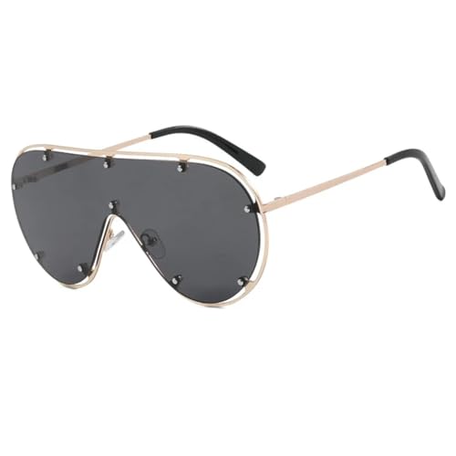 Lunettes de soleil surdimensionnées UV400 sans monture à rivets pour femme tendance or et noir