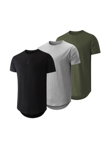 Mens 3 Pack Crewneck T-Shirts Multipack Short Sleeve Hipster Hip Hop Longline Classic Tee Tops