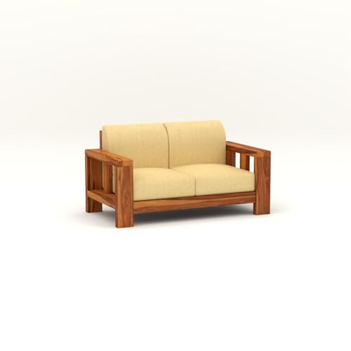 Image of NATRAJ ART & CRAFT Solid Wood 2 Seater Sofa for Living Room | Wooden Frame Fabric Cushioned Loveseat Sofa with Armrests| Modern Comfortable Couch for Home & Office (Honey Finish)