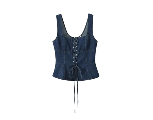 T-shirt en jean à lacets avec col carré géométrique tendance