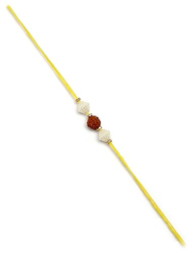 Image of Karatcart Set of 2 Yellow Evil Eye & Rudraksha Handmade Kundan Rakhi for Brother with Roli & Chawal