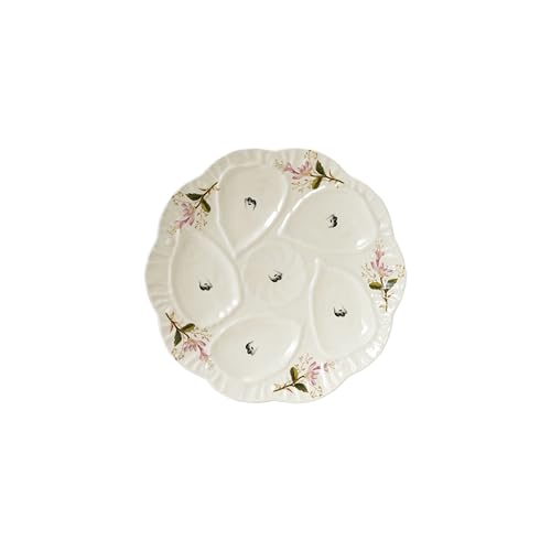Creative Co-Op Scalloped Stoneware Oyster Plate with Floral Design, Cream