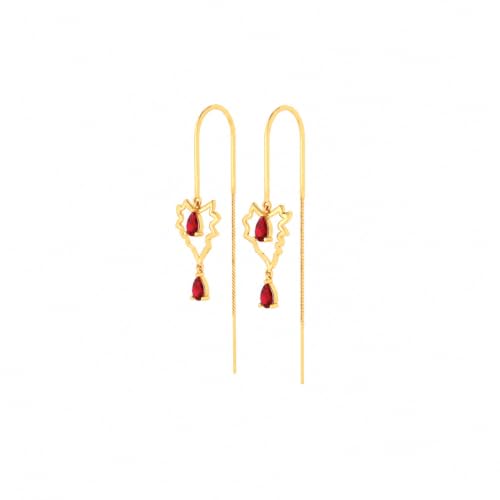 P.C. Chandra Jewellers Sui-Dhaga 9KT (375) Hallmark Gold Leaf Threader Earrings with Red Stones (Gold 0.970g)