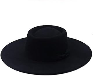 9.5cm Wide Brim Plain Black Flat Top Hat Boater Women Wool Fedora Felt Hats Bowknot Vintage Church Wedding Panama Cap
