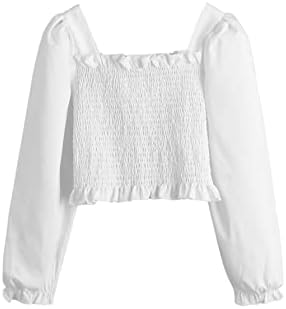 Milumia Girl's Casual Square Neck Blouse Long Sleeve Shirred Ruffle Trim Crop Top White 8 Years