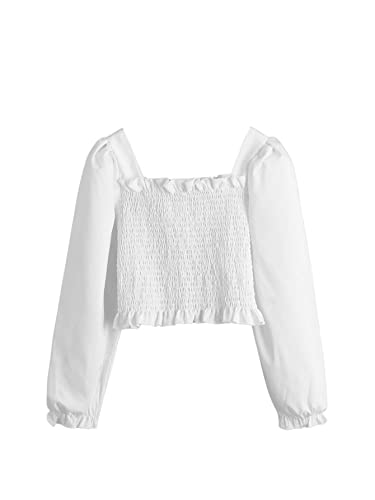 Milumia Girl's Casual Square Neck Blouse Long Sleeve Shirred Ruffle Trim Crop Top White 8 Years #TOP19