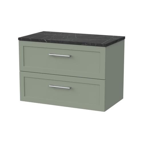 Image of Balterley Stonnall Traditional Wall Hung 2 Drawers Vanity Unit with Black Pietra Marble Laminate Worktop, 800mm, Reed Green