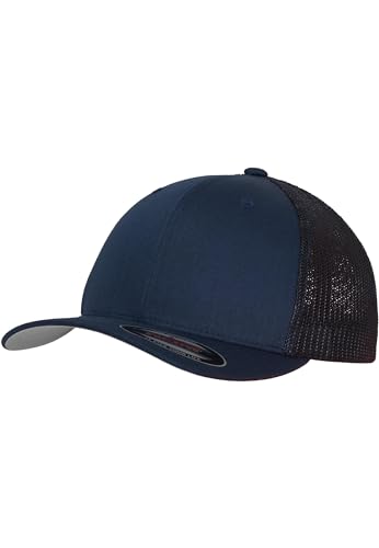 Image of Flexfit Trucker Mesh Fitted Cap | 6-Panel, Mid-Profile, Stretchable Mesh Backing, Flexfit Sweatband, Curved Visor, Silver Undervisor