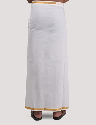 Image of Adjustable Velcro with Pocket Cotton Dhoti with Gold Jari Border, For Men (28 to 44 inches)