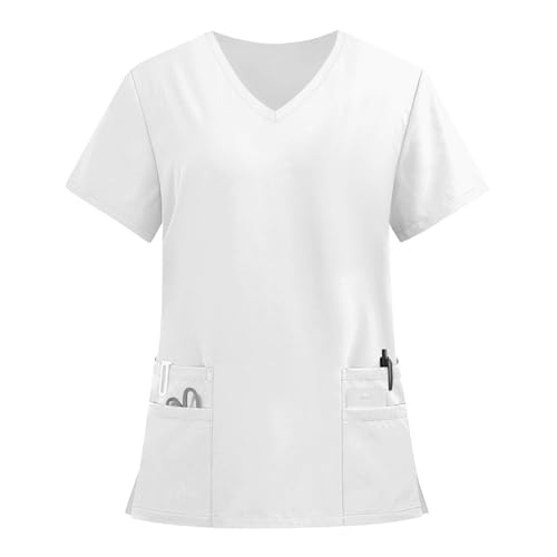 Tablier Femme Infirmière Chemise pour Femmes À Col en V avec Poches Multiples pour Uniforme Médical Doux Et Confortable Blanc S