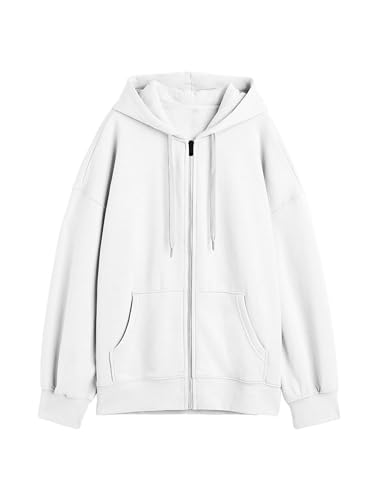 Image of DROBE Relaxed Fit Plain Cotton Blend Full Sleeves Hodded Zipper Jacket for Women