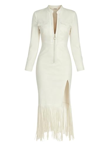 SUIUOI Damen Western Kleid Wildlederoptik Fransen Reißverschluss Langarm Figurbetont Vintage Cowgirl Kleid