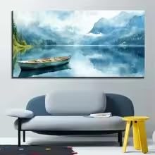 MAIMANG 1-teiliges Leinwandbild – Ruhige See-, Berg- und Himmelslandschaft mit Boot, Modernes Gemälde (80 x 150 cm/Innenrahmen)