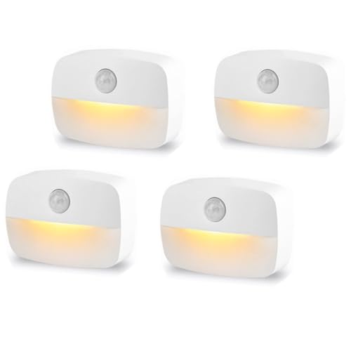 Lot de 4 veilleuses LED détecteur de mouvement - Alimentées par piles - Capteurs automatiques pour escalier/marche/arrêt - Toiletttes/couloir/placard/cuisine/chambre