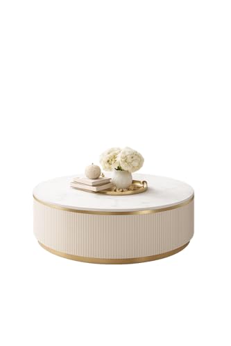 Image of WOODEN SPACE Premium Luxury Royal Pearl Marble-Top Coffee Table with Iron Legs & PVD Coating | Modern Round Wooden Center Table for Living Room & Entryway (Ivory, 36 Inch)