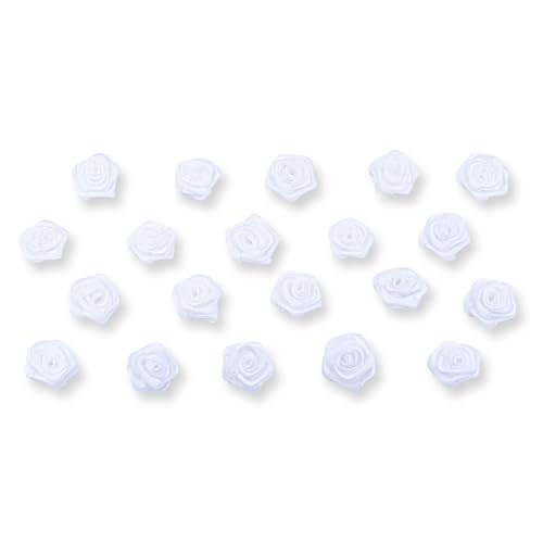 Creativery Satinrosen 15mm 20 Stück - Farbauswahl in 10/15/20/30/60mm - farbecht & waschbar - Kleine Stoffrosen zum Aufnähen - Satin Röschen zum Basteln Nähen Kleben Dekorieren - Weiß