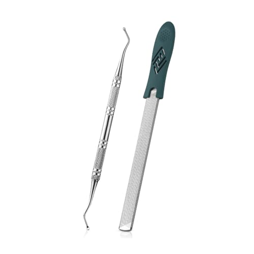 FVION Toenail File for Thick Nails and Toenail Lifter, 2pcs Stainless Steel Nail File and Ingrown Relief Set, Heavy Duty Metal Emery Board for Seniors, Men & Women Pedicure Tool (Green)