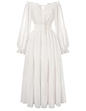 Women Long Sleeve Maxi Dress Fairy Smocked Waist A Line Casual Tiered Dress White M