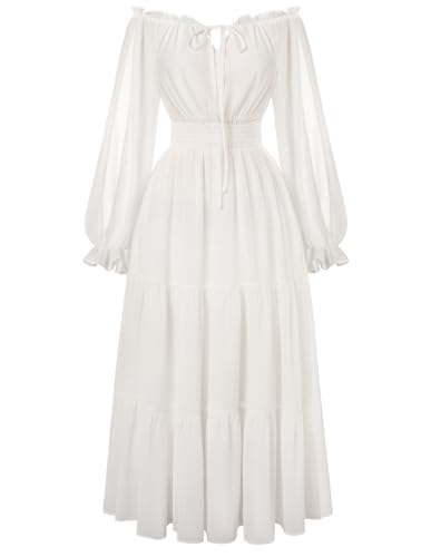 Scarlet Darkness Women Renaissance Off Shoulder Long Sleeve Smocked Waist Tiered Long Maxi Dress