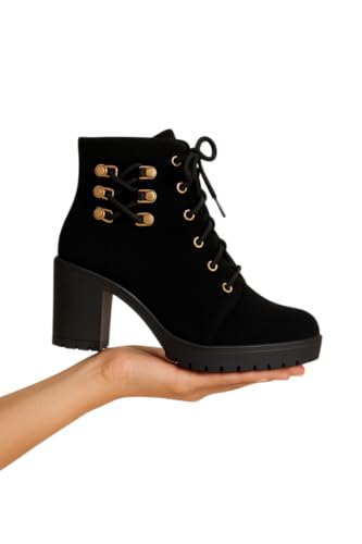 Image of Women's Ankle Boots | Stylish & Trendy Lace Up Design Fashion High Ankle Chelsea Boot with Heel | Durable Suede Leather Stylish Block Heeled Western Boots For Girls & Women