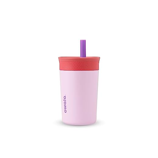 Owala Kids Insulation Stainless Steel Tumbler with Spill Resistant Flexible Straw, Easy to Clean, Kids Water Bottle, Great for Travel, Dishwasher Safe, 12 Oz, Pink and Purple (Lilac Rocket)