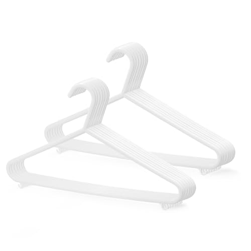 KEPLIN Adult Plastic Coat Hangers - 25pk, White Colour, Strong Clothes Hangers for Clothes Rail & Closet, Clothing Hanger with Suit Pants Trouser Bar and Clips, Space Saving, 37.5 cm Wide
