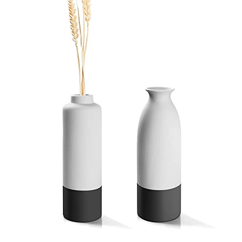 Jarrón decorativo de cerámica, juego de 2 unidades, color blanco con gris, altura 21 cm Cover