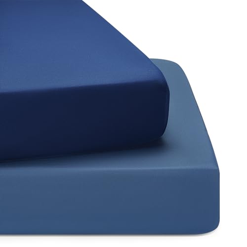Image of TILLYOU Baby Crib Sheets for Boys Girls, Super Soft Toddler Bed Sheets, 2 Pack Sheets for Standard Crib Mattress 28x52in, Navy and Stone Blue