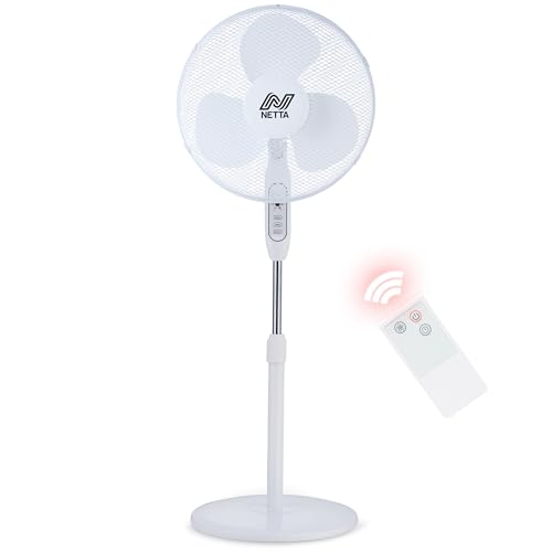 NETTA Pedestal Standing Floor Fan – 16 Inch, 3 Speed Settings, with 7-Hour Timer, Remote Control, Oscillating Function and Adjustable in Height – 40W – White
