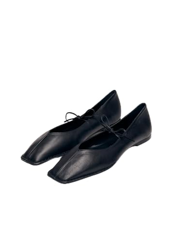 Fericzot Women's Square Toe Ballet Flats with Lace Up & Bow Detail - Slip On Mary Jane Shoes, Soft Casual Ballerina Flats for Women