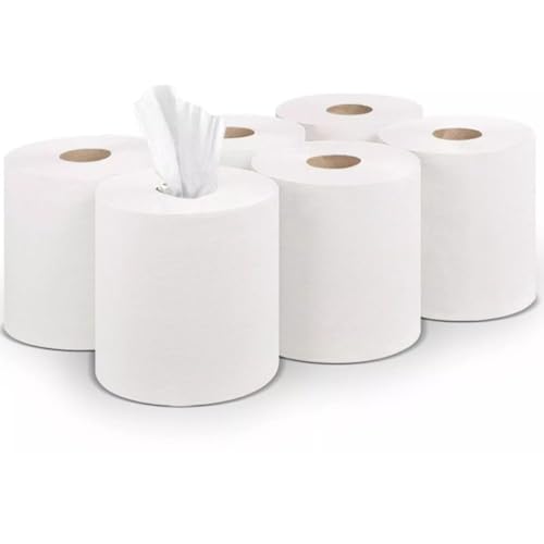 Image of TN Centrefeed White Rolls | 2-Ply Recycled Wiping Paper | Embossed & Ultra-Absorbent | Ideal for Commercial & Kitchen Use |Durable for Surface Wiping & Hand Drying (White 6 Count (Pack of 1))