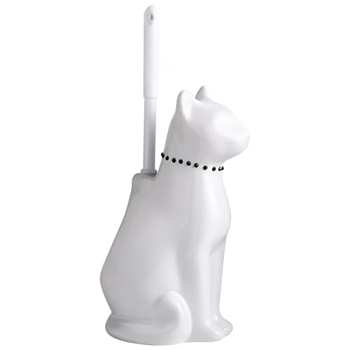 Cat Toilet Brush Holder - Ceramic Whimsical Feline Design with Wide-Mouth Storage Black Toilet Bowl Brush and Holder Set Cute for Bathroom Ground Easy-Clean Cat Lover Gift (White)