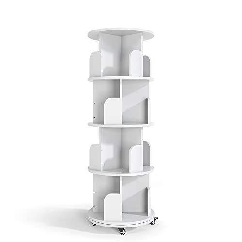 Nidouillet Rotating Bookshelf, 4 Tier Revolving Bookcase With Brake Wheels 360° Display Round Bookshelf Narrow Swivel Corner Book Shelf Standing Bookcase For Kids Adult Bedroom, Living Room #TOP6