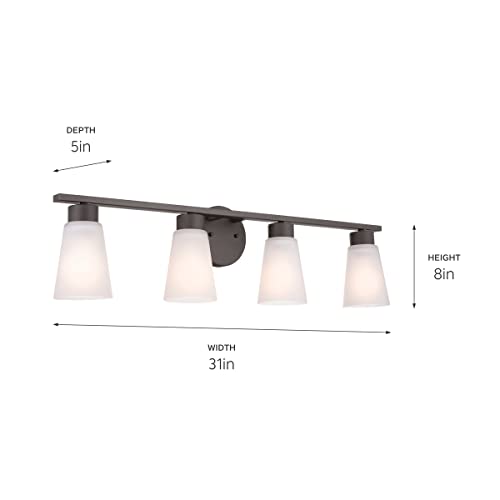 Image of Kichler Stamos 4-Light Bathroom Vanity Light with Satch Etched Glass Shades, 26 inch Modern Wall Light in Olde Bronze, (26 inch x 8 inch x 5 inch)