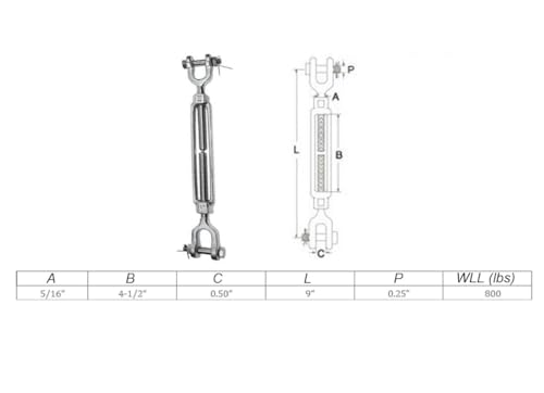 Tensores Quijada de acero inoxidable T316 5/16" x 4-1/2" forjado en caliente, capacidad de carga 800 lb, para uso marino y cables miniatura 2