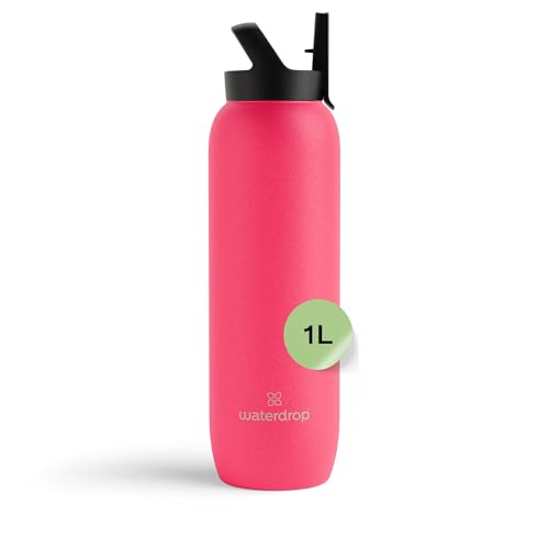 waterdrop® Botella Agua Acero Inoxidable 1L, Con Pajita, Termo Doble Pared: 24h Frio - 100% Hermética, Segura - Sin BPA: Para Niños. Botella Térmica Gimnasio, Water Bottle, Thermo, Cantimplora